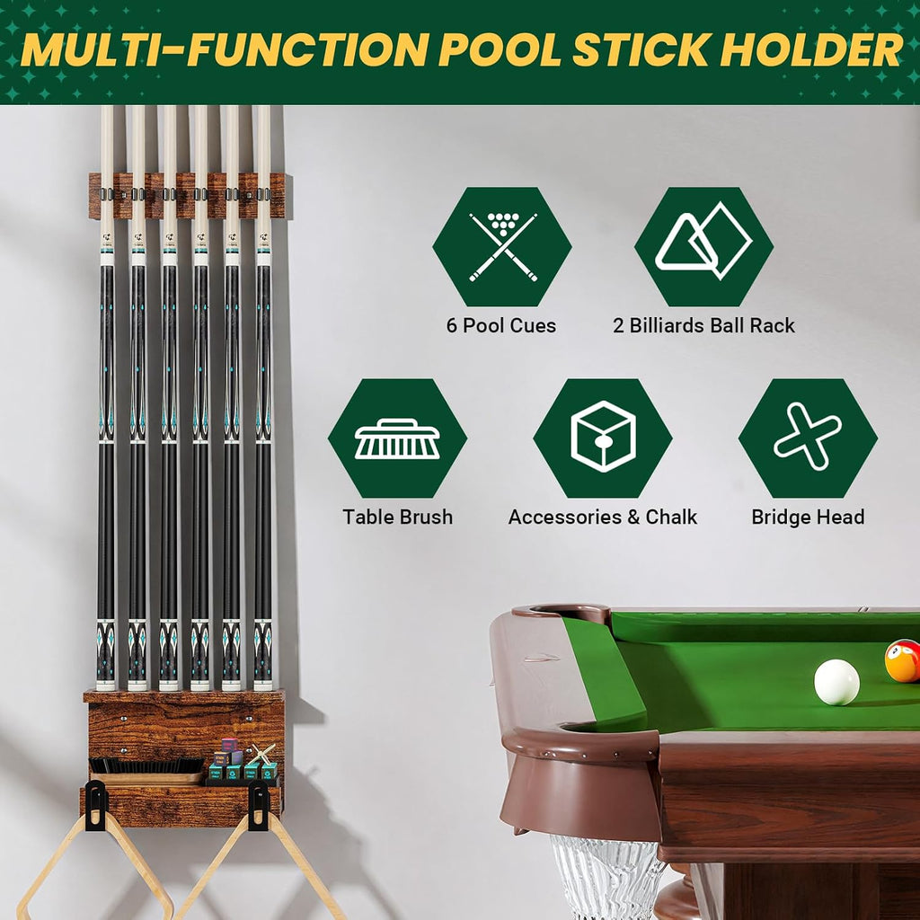 Wall Mount Pool Cue Holder – Hardwood Billiards Cue Rack for 6 Sticks, Pool Stick Wall Mount Storage Organizer, Pool