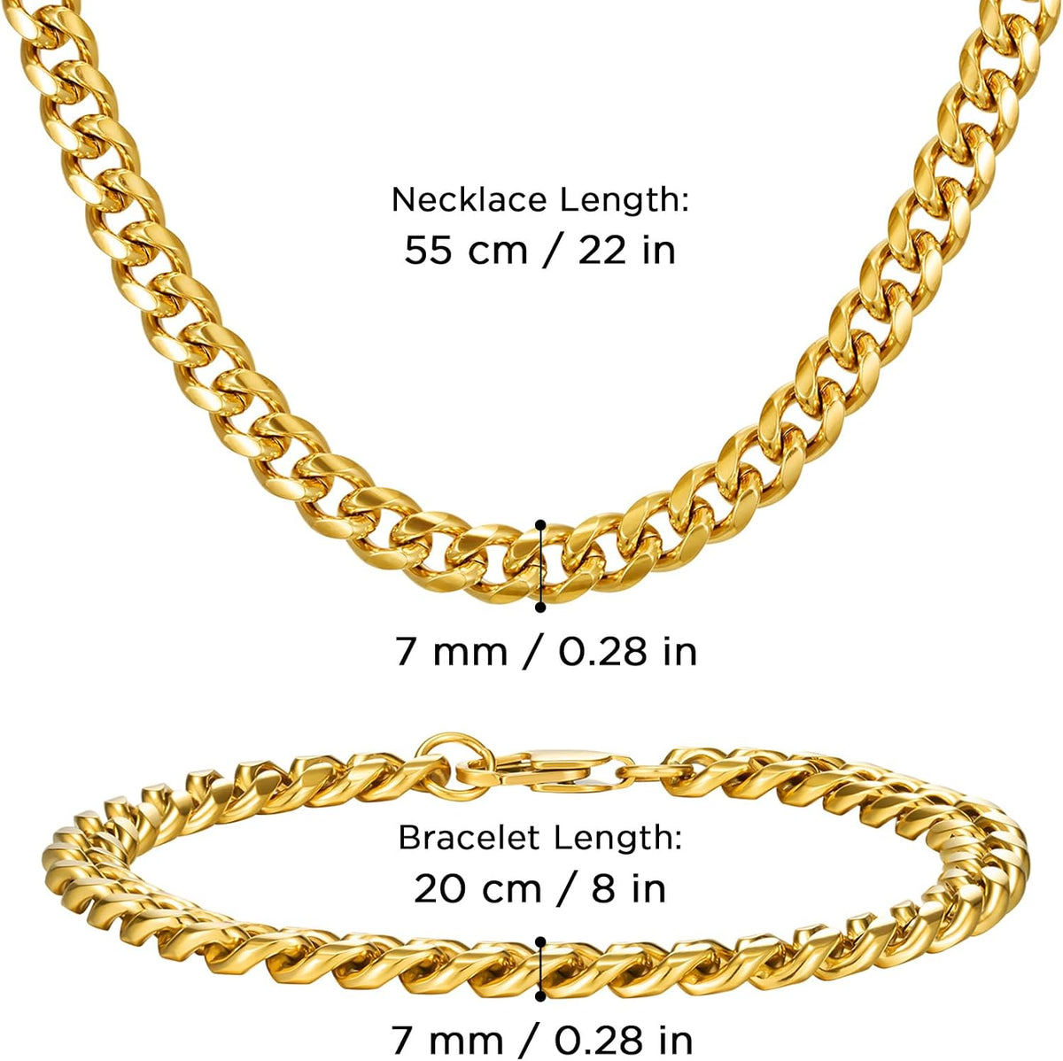 Stainless Steel Cuban Link Chain and Bracelet Set for Men | Chains 3.5mm/5mm/7mm Width, Bracelet 7 1/2" and 8"