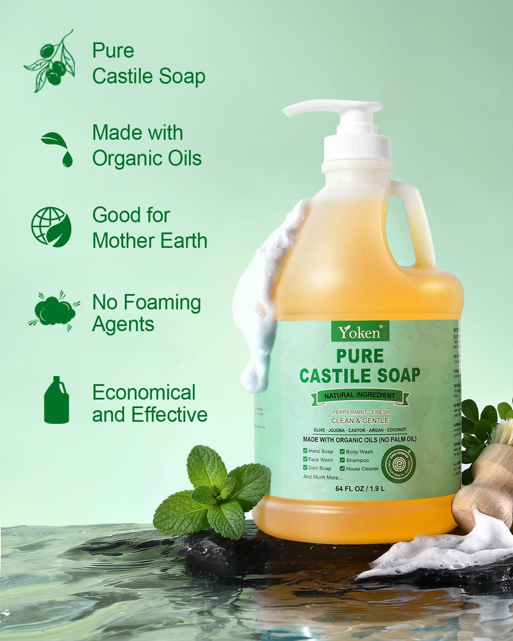 EWG Peppermint Castile Soap 64oz, Multi-Use Liquid Soap Cleanser