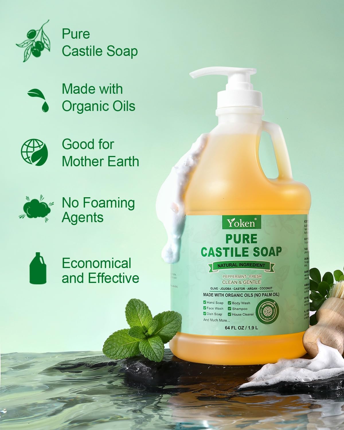 EWG Peppermint Castile Soap 64oz, Multi-Use Liquid Soap Cleanser