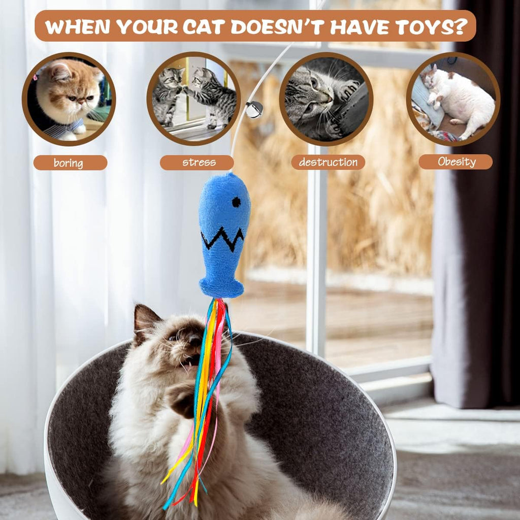 Natural Wood Cat Wand Toy with Ribbon Fish Teaser - 3pcs, 16 Inch, Indoor Cat Exerciser & Playing Kitten Toy, Bonus
