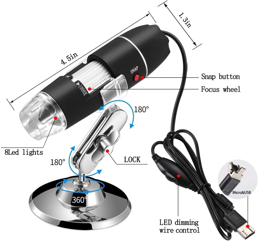 40 to 1000x Magnification Endoscope, 8 LED USB 2.0 Digital Microscope, Mini Camera with OTG Adapter Metal Stand