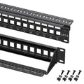1U 24 Port Keystone Patch Panel with Cable Management | With Support Bar, Rackmount or Wall Mount, 19-Inch Black