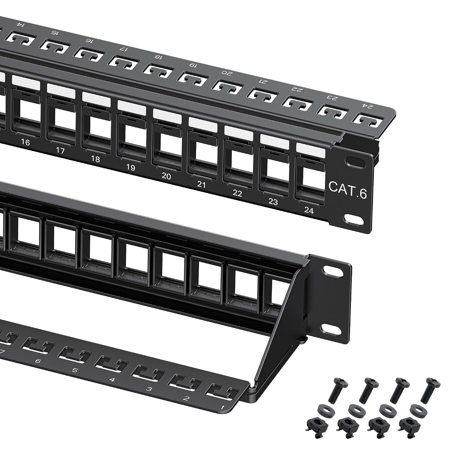 1U 24 Port Keystone Patch Panel with Cable Management | With Support Bar, Rackmount or Wall Mount, 19-Inch Black