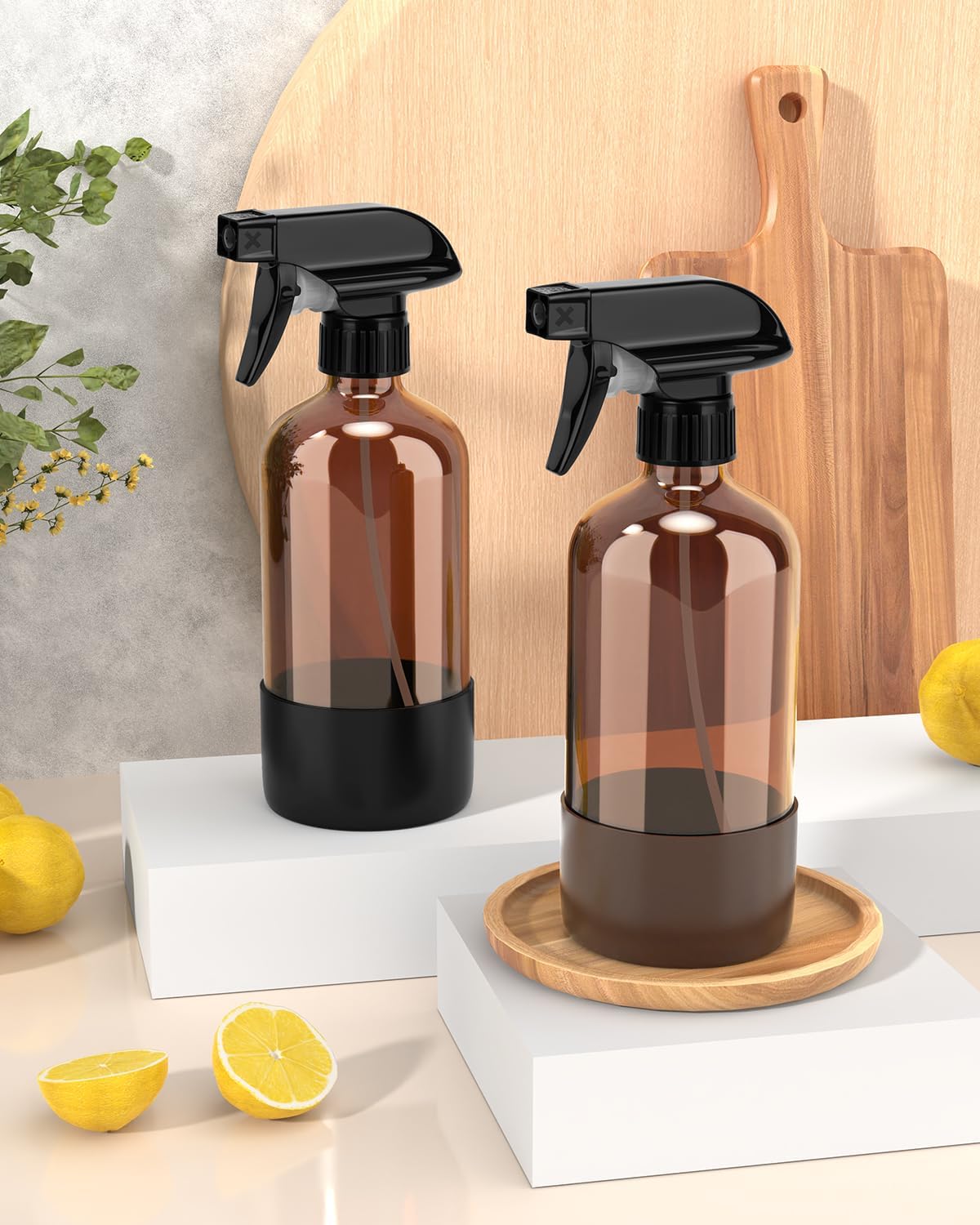 Glass Spray Bottle with Silicone Sleeve Protection, Amber Glass Spray Bottle Set for Window Cleaner Aromatherapy