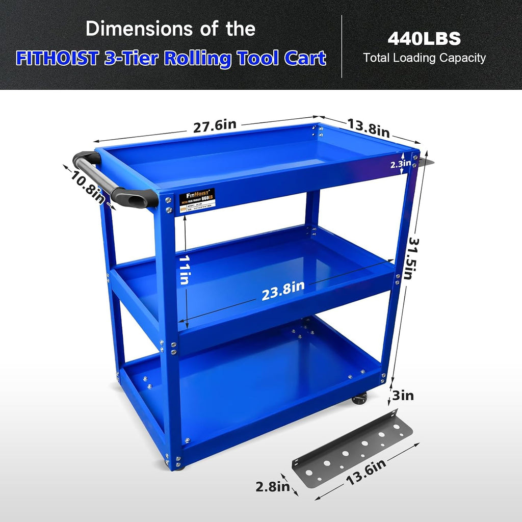 3-Tier Rolling Tool Cart, Thickened 440LBS Metal Mechanic Tool Cart on Wheels, Heavy Duty Rolling Carts with Wheels