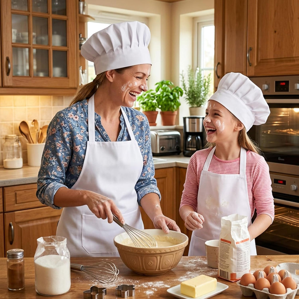 Hecila Chef Hat and Apron Set Adjustable Kitchen Cooking Bib Aprons with 2 Pockets Chef Hat with Butcher Cap Costume