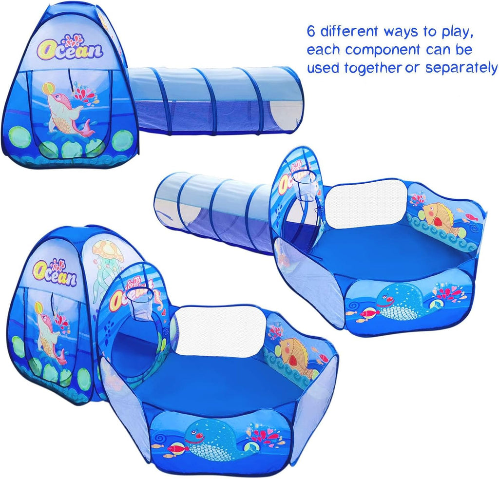 3 in 1 Kids Play Tent with Tunnel, Ball Pit, Basketball Hoop for Boys & Girls, Toddler Pop Up Playhouse Toy Baby