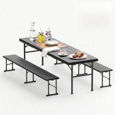 6FT Folding Table & Chair Set, Seats 6-8, Portable Black | Chairs Store Inside Table to Form Carrying Case HDPE&Steel