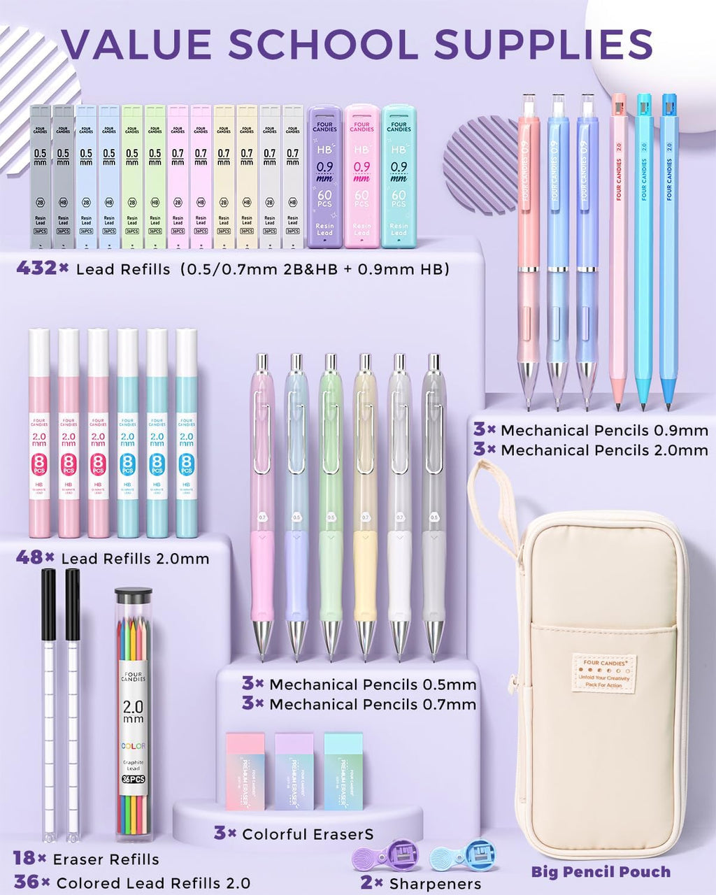 42PCS Mechanical Pencil Set with 696 Lead Refills (Cream) | 0.5mm - 2.0mm Mechanical Pencils, Aesthetic School