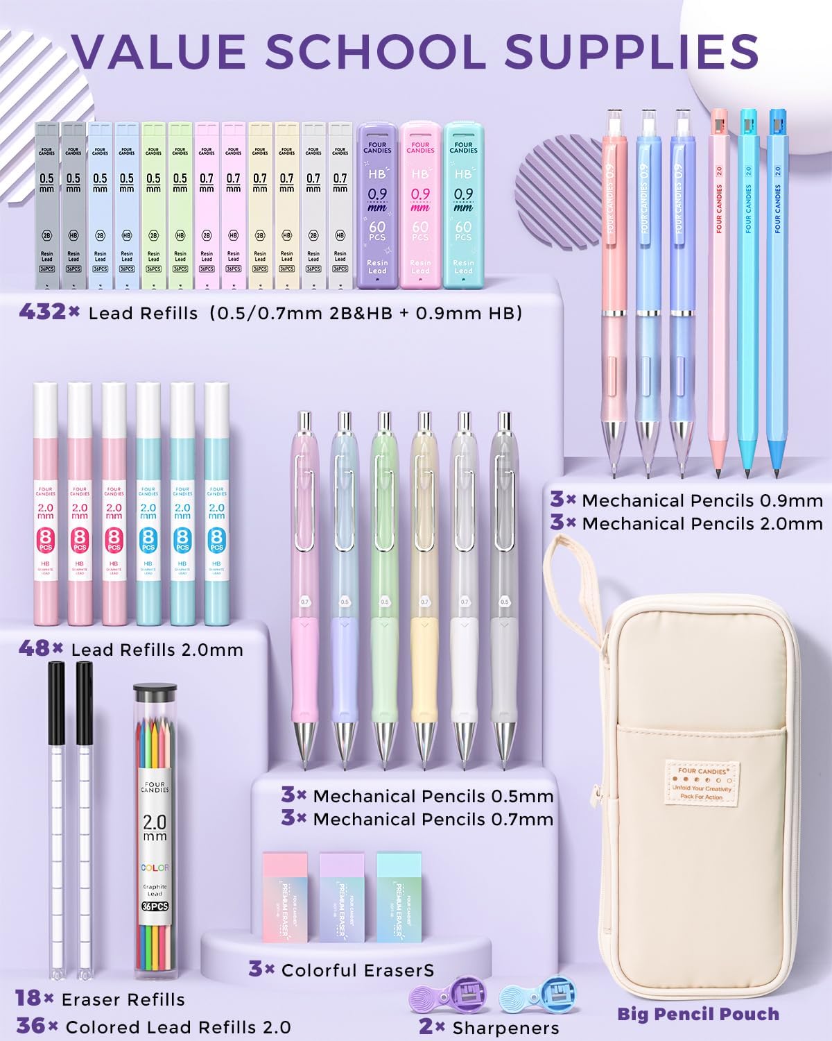 42PCS Mechanical Pencil Set with 696 Lead Refills (Cream) | 0.5mm - 2.0mm Mechanical Pencils, Aesthetic School