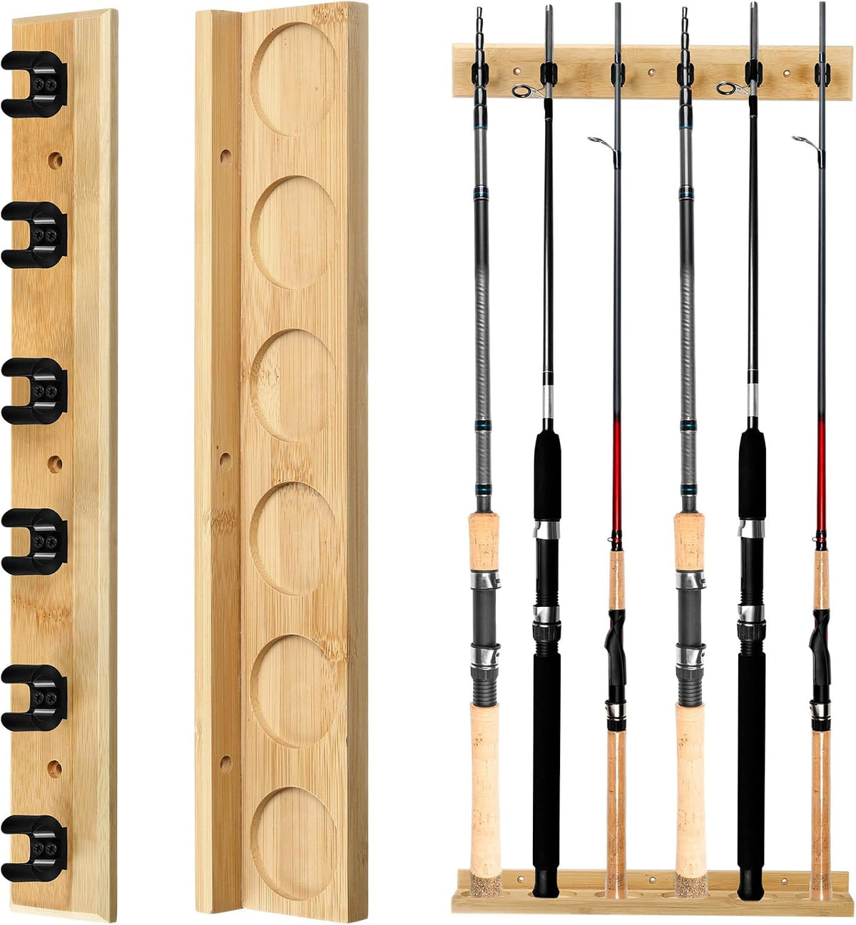 Wall Mounted Fishing Rod Holder Wooden Vertical Fishing Rod Rack Fishing Pole Holders for Garage Holds up to 6 Rods