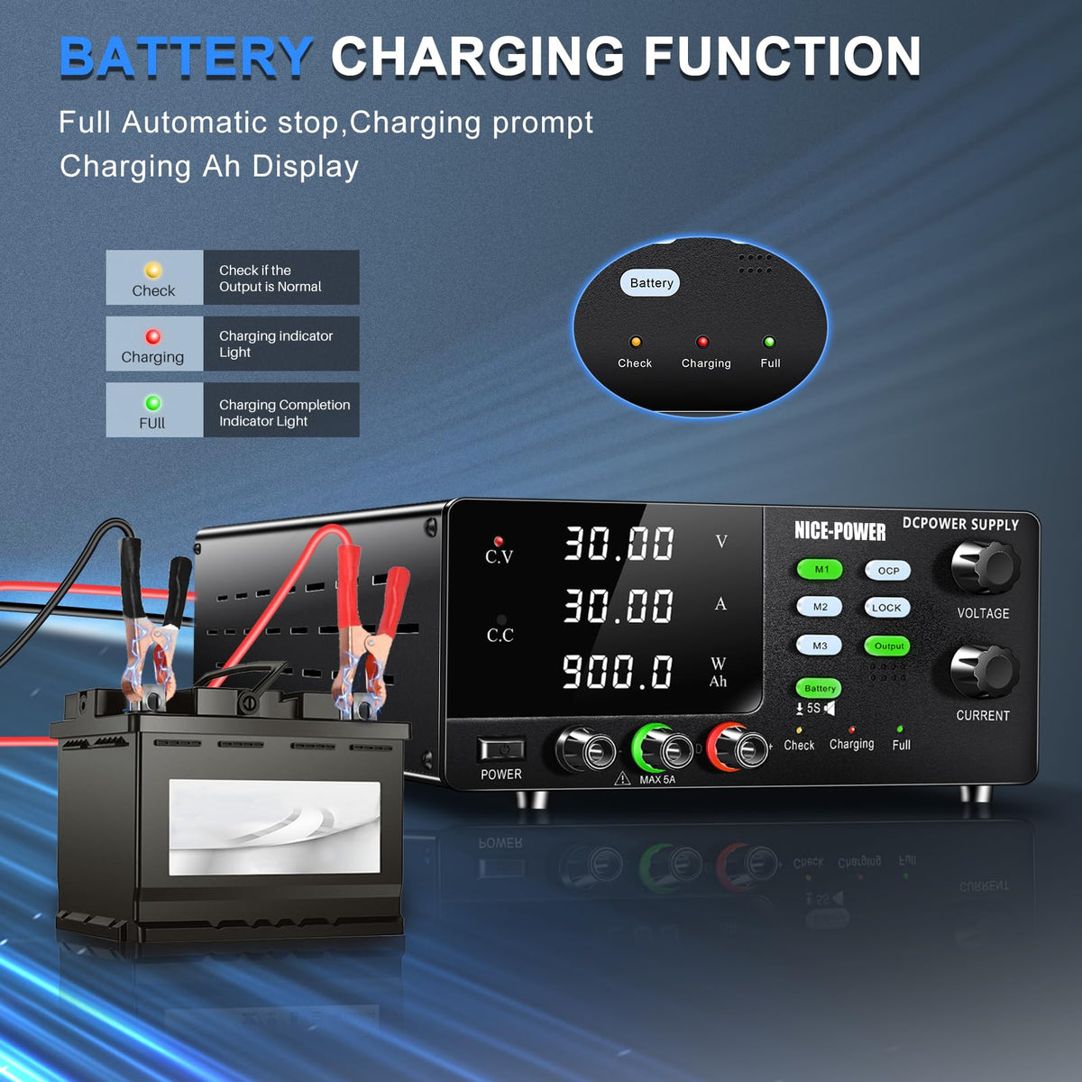 NICE-POWER DC Power Supply Variable, 30V 30A 900W High Power Bench Power Supply for Battery Charging, Adjustable Switching Regulated with OCP, Memory Storage, Output Switch, Lock Button