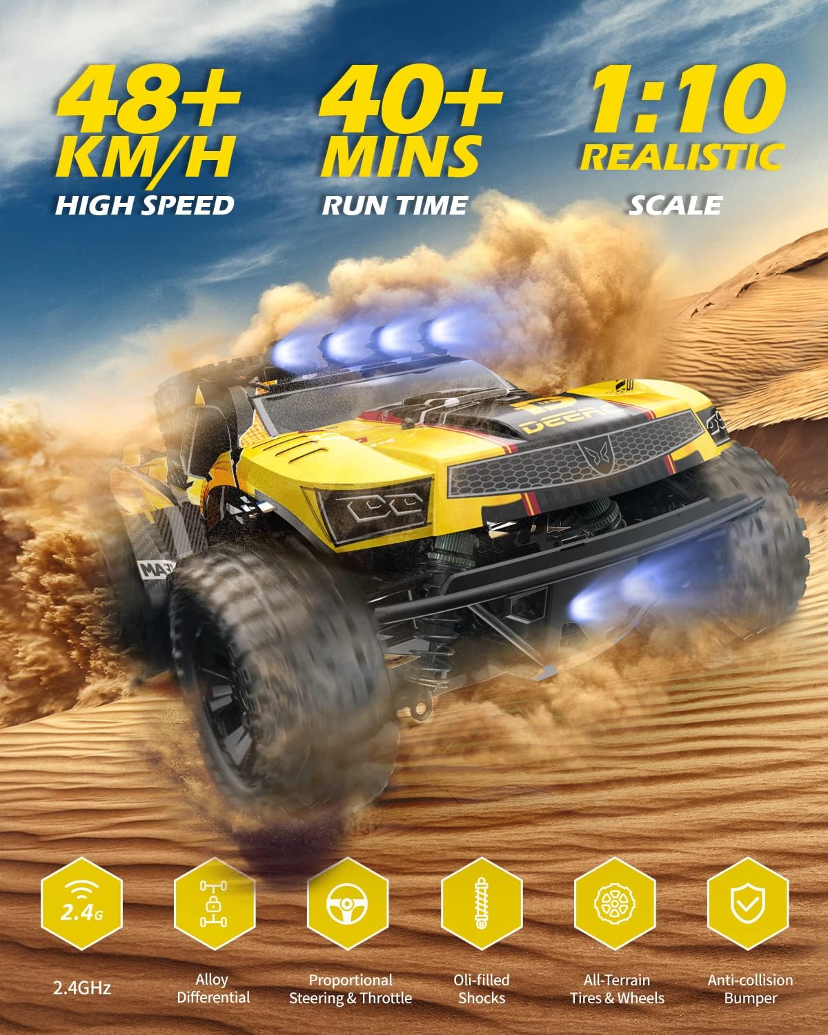 9201E 1:10 RC Truck for Adults & Boys, 48 KPH 4WD Short Course RC Car | Functional Spare Tire, LED Lights, Metal Dog