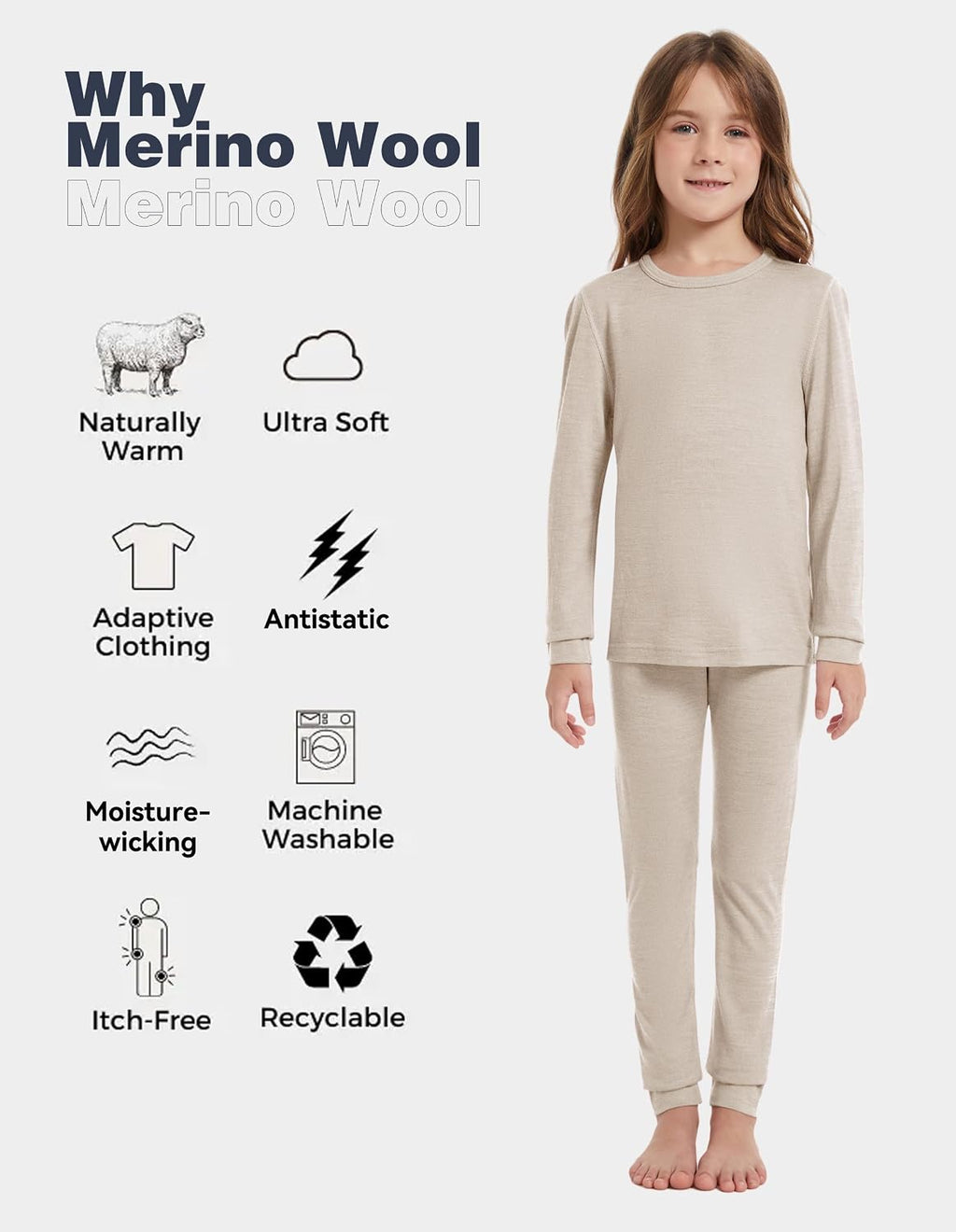 Kids Unisex 100% Merino Wool Base Layer Sets Lightweight Thermal Underwear