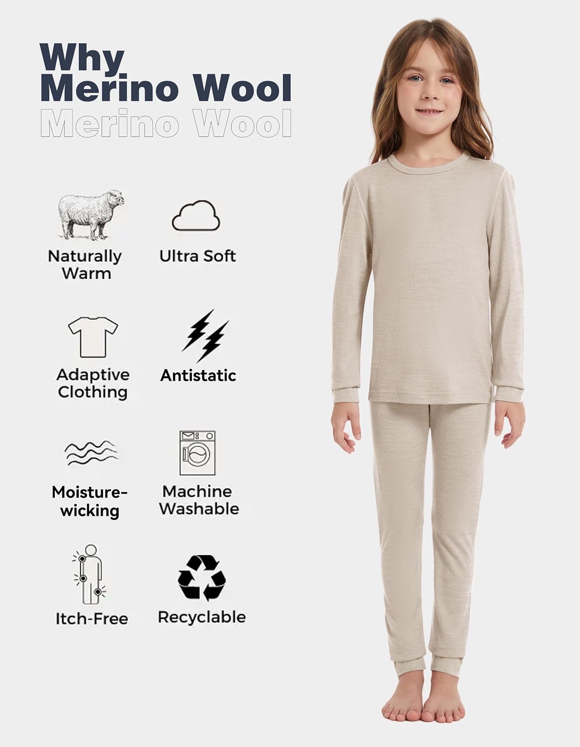 Kids Unisex 100% Merino Wool Base Layer Sets Lightweight Thermal Underwear
