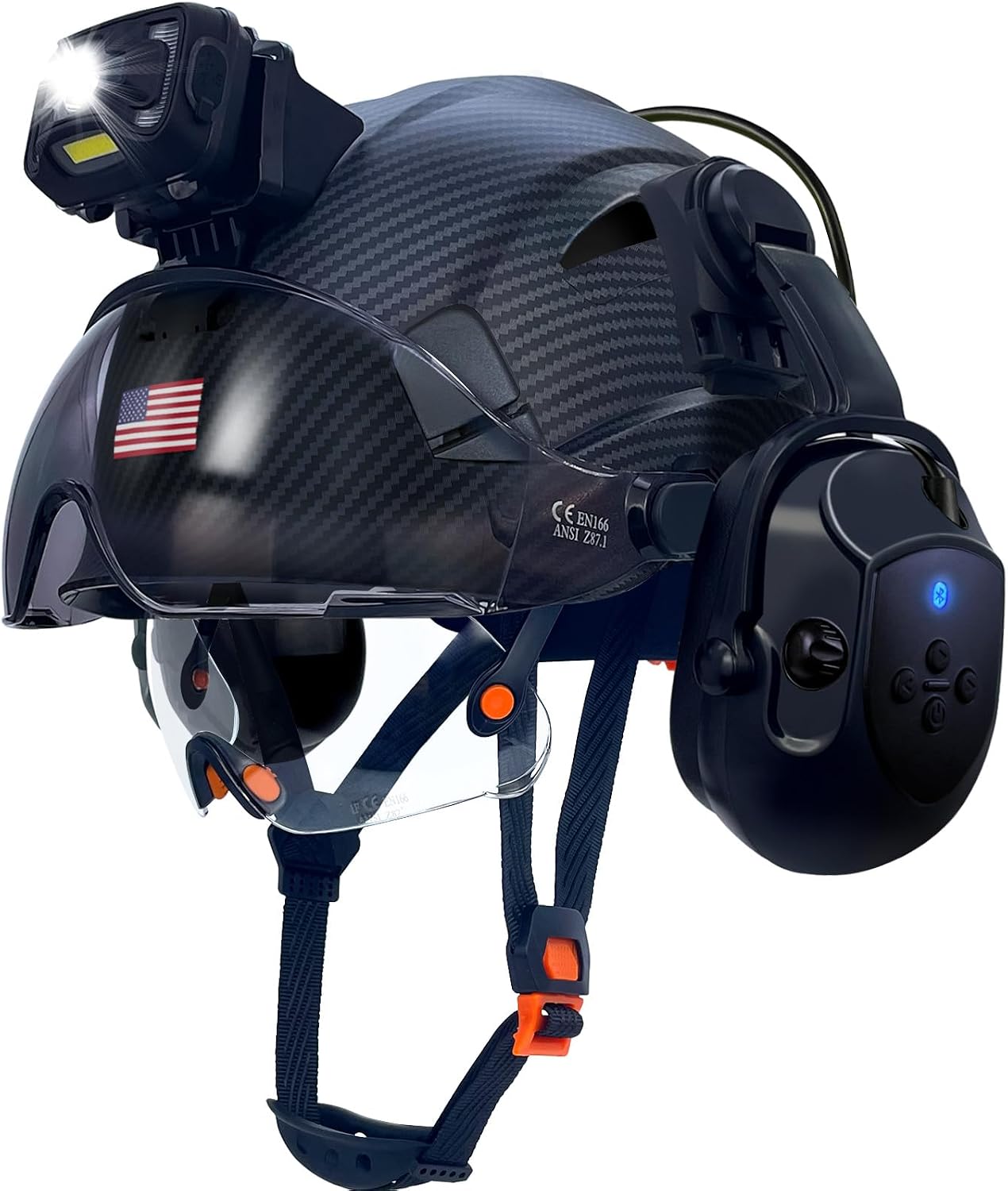 Hard Hats with Bluetooth Ear Muffs Headlight Safety Helmet with Visor Vented Adjustable Construction Forestry