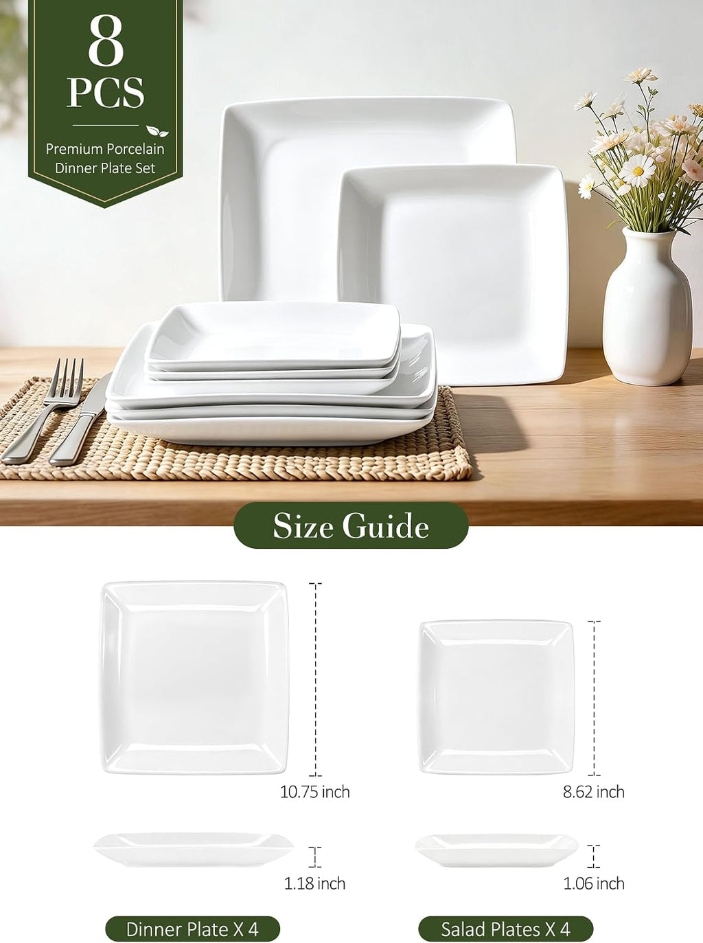 Porcelain Square Dinner Plates, 10.75 & 8.4 Inch White Plate Set of 8
