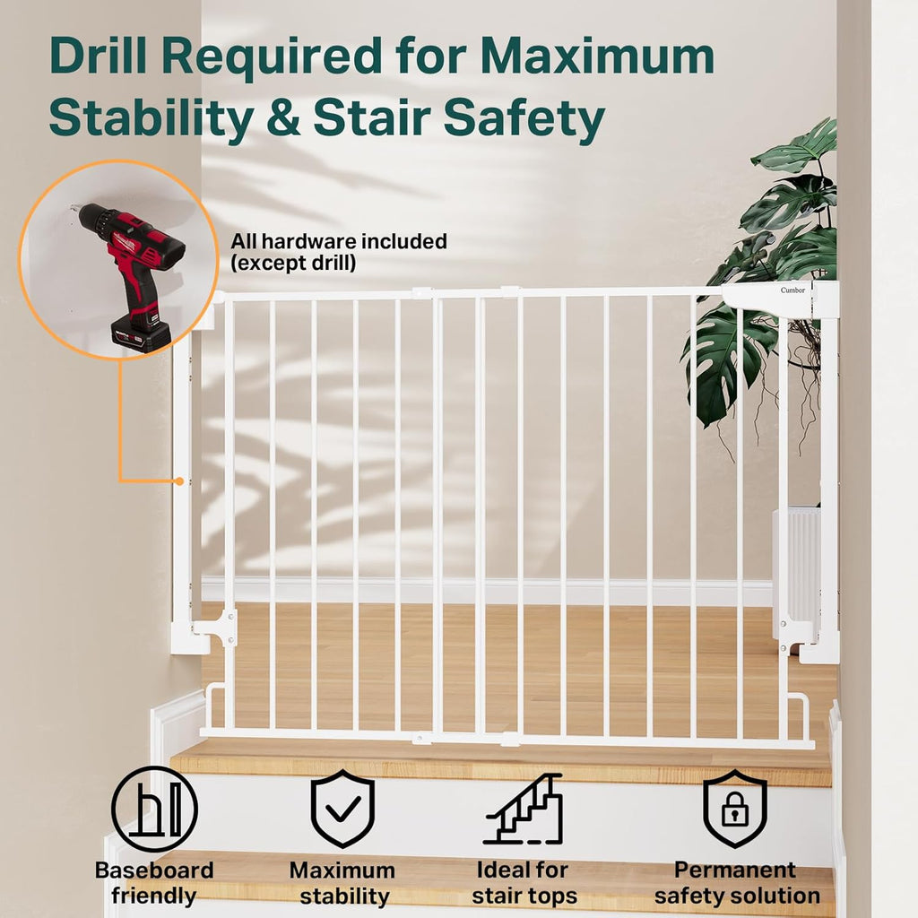 29.2–43" Baby Gate for Stairs, Hardware Mounted (Drill Required), Expandable No Bottom Bar Dog Gate, Auto Close Extra