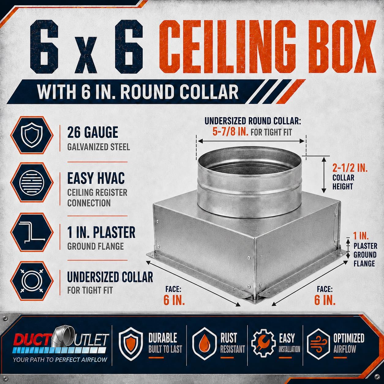 6" x 6" Ceiling Box, w/ 6" Round Collar - Connects Register Vent and Diffuser HVAC