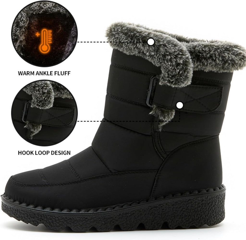 Warm Snow Boots for Women Waterproof Non-Slip Ankle Bootie Lightweight Mid Calf Warm Fur Lined Boots Winter Shoes for