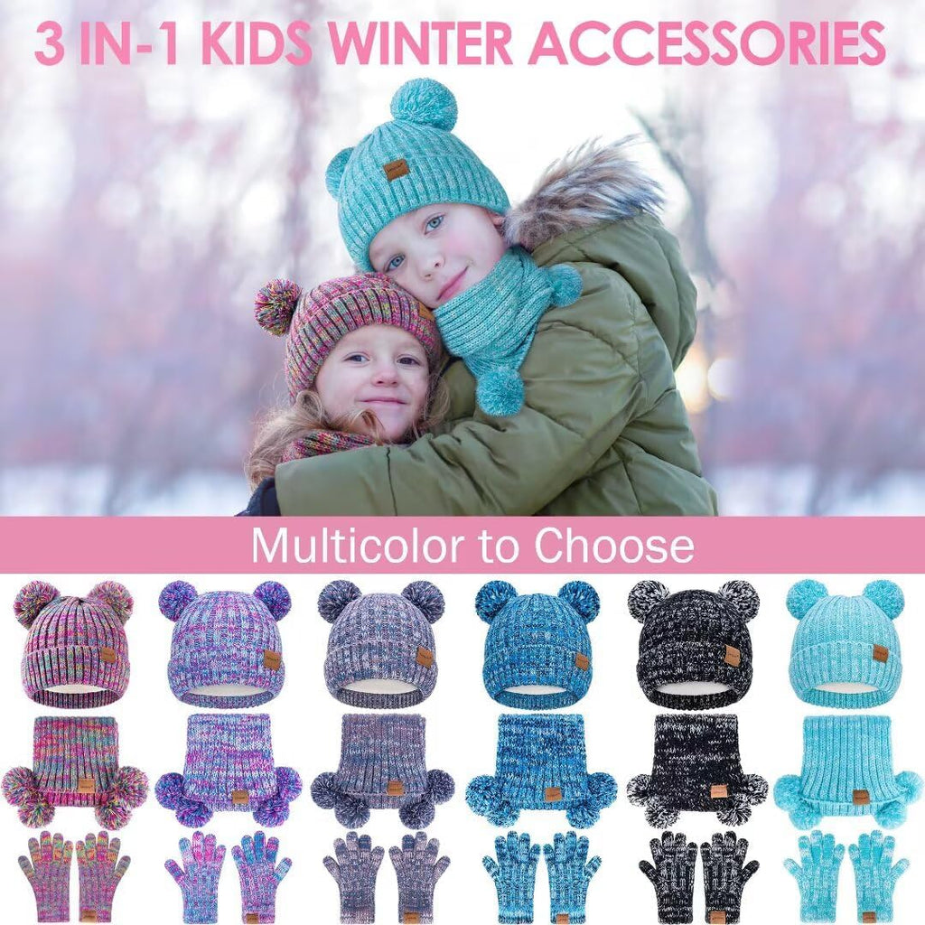 Kids Winter Hat Gloves Scarf Set, Girls Toddler Children Beanie with Pom Knit Neck Warmer Gaiter Mittens Fleece Lined