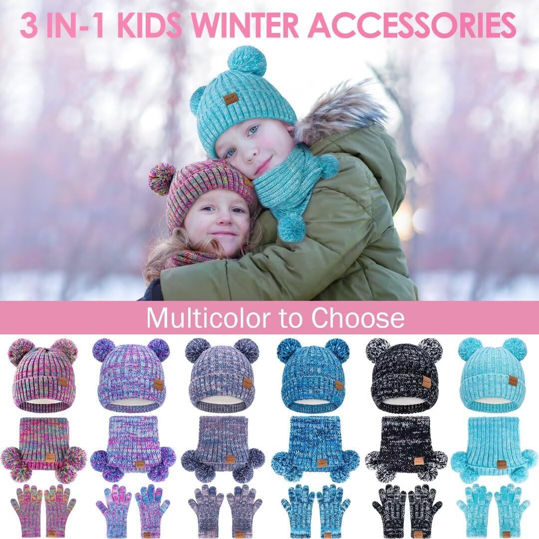 Kids Winter Hat Gloves Scarf Set, Girls Toddler Children Beanie with Pom Knit Neck Warmer Gaiter Mittens Fleece Lined