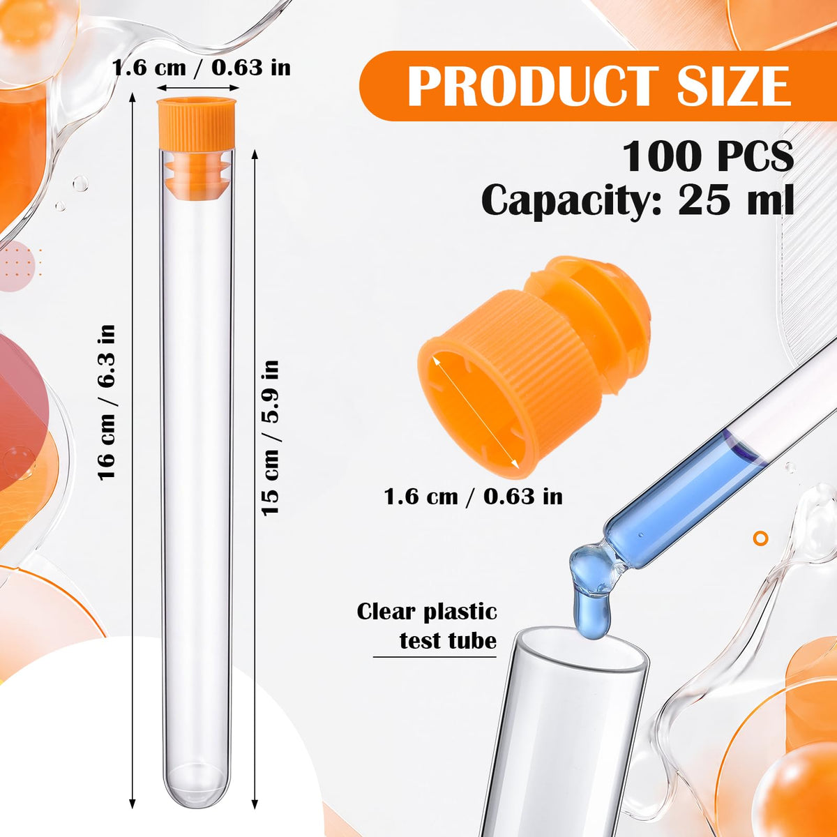 100 Pack Plastic Test Tubes with Caps, 25ml/6" Clear Tubes Vials