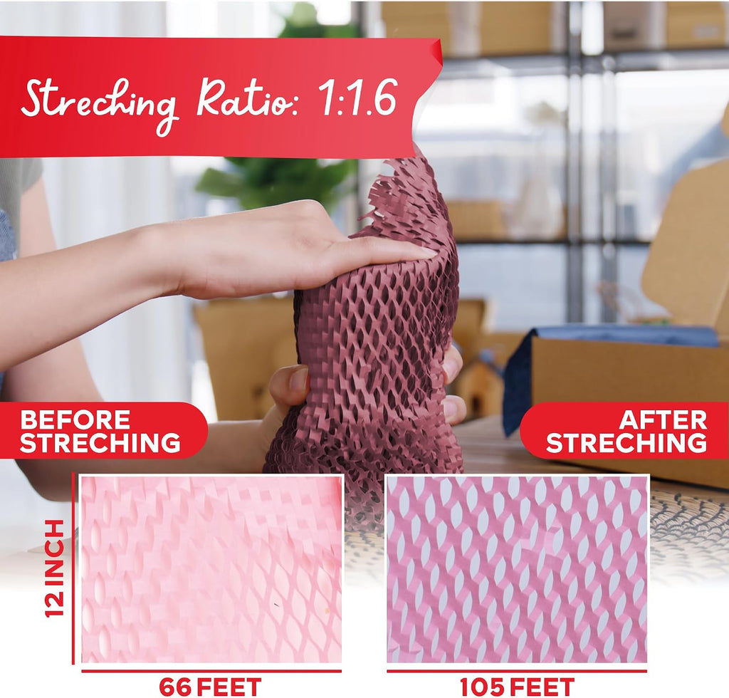 Pink Honeycomb Packing Paper for Moving 12-Inch x 66-Feet Bubble Honeycomb Wrap, Honeycomb Wrapping Paper for Packing