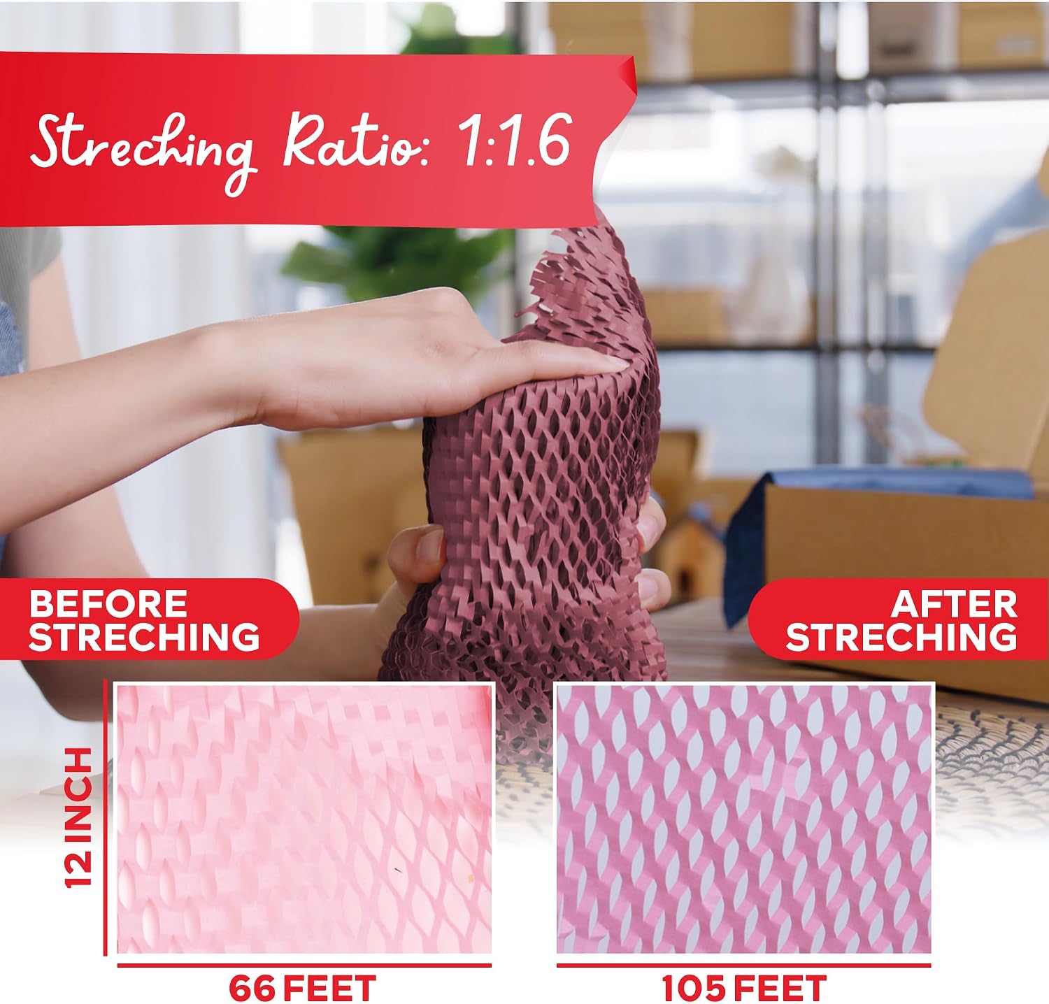 Pink Honeycomb Packing Paper for Moving 12-Inch x 66-Feet Bubble Honeycomb Wrap, Honeycomb Wrapping Paper for Packing