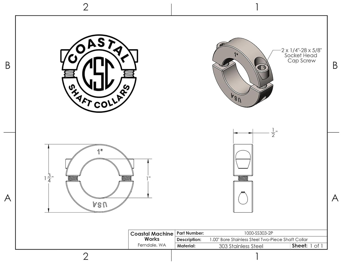 1.00" Bore Diameter - Clamping Two Piece Shaft Collar - 303 Stainless Steel (2 Pack)
