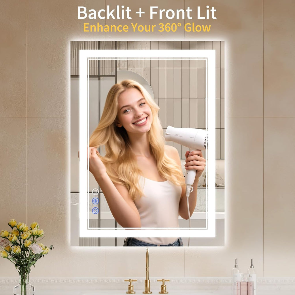 30"x32" LED Bathroom Mirror with Lights, Anti-Fog, Backlit + Front Lit, Dimmable, Led Vanity Mirror for Wall, Lighted