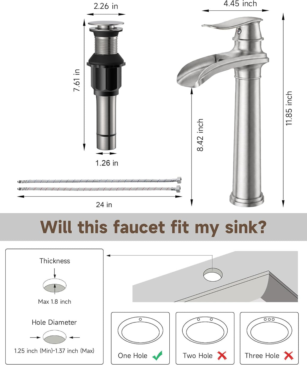 Vessel Sink Faucet Brushed Nickel Tall Waterfall Bathroom Faucet