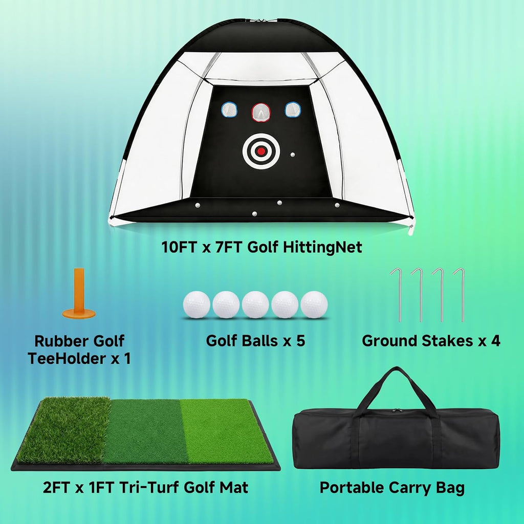 Golf Practice Net with Mat 10x7ft, Hitting Net for Backyard Outdoor Driving & Chipping, Heavy Duty Training Equipment