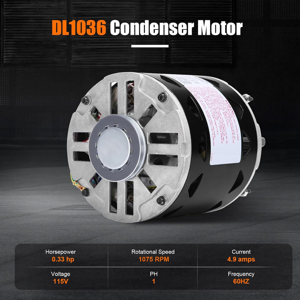 DL1036 Direct Drive Blower Motor - 1/3 HP, 1075 RPM, 3 Speed, 115 Volt, 4.9 Amp, 48 Frame Sleeve Bearing Compatible with A.O. Smith/Century/GE/Fasco/Emerson/Franklin/Dayton/Universal Electric/Fedders