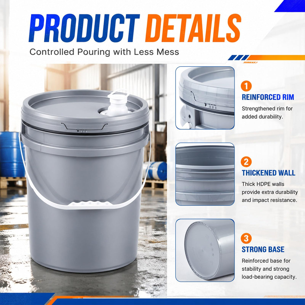 2 Pack 5 Gallon Utility Buckets with Lids, Pour Spouts and Handles