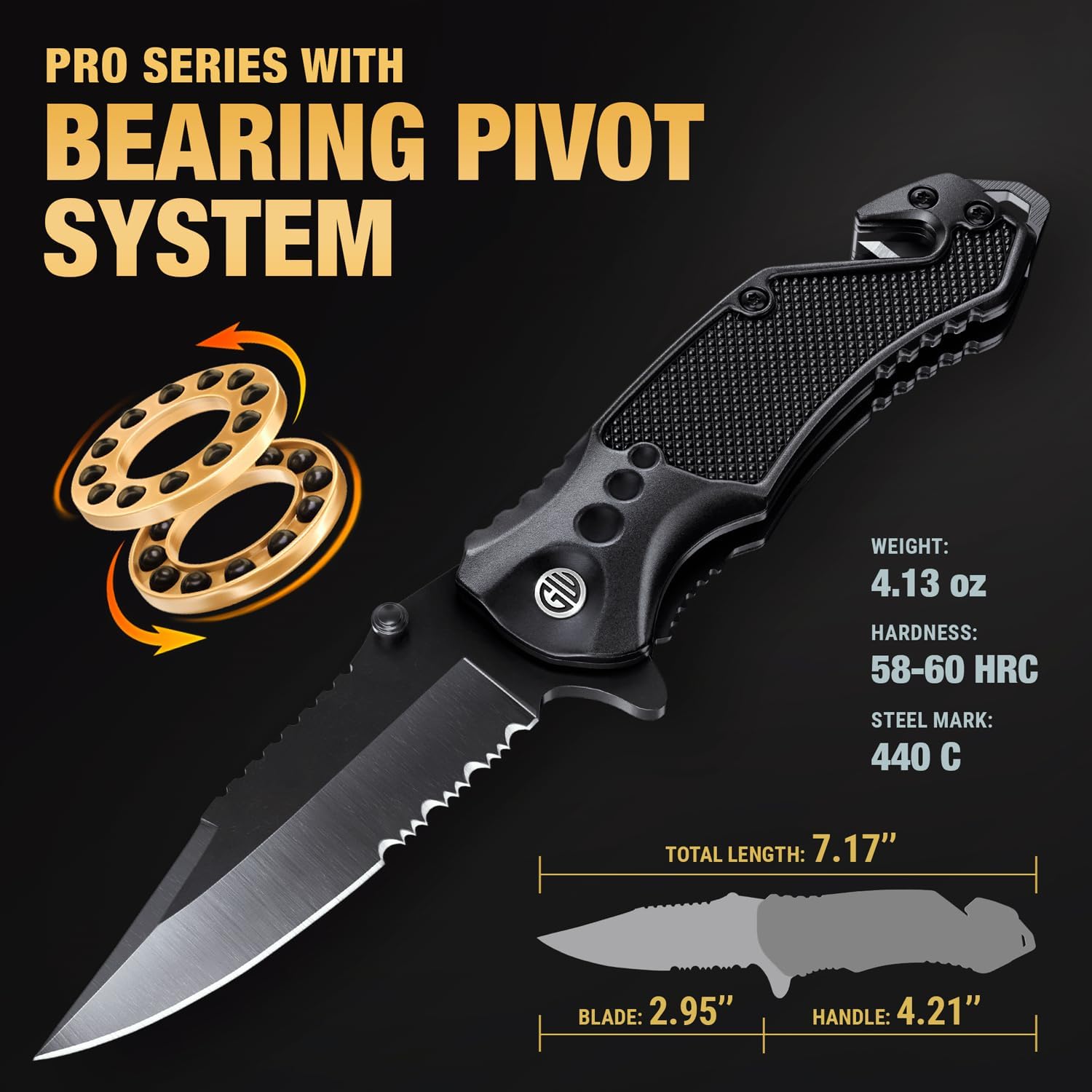 Legal Pocket Knife with 2.95” Serrated Blade, Glass Breaker, Seat Belt Cutter - EDC Sharp Folding Knives with