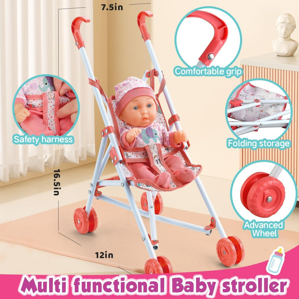 Baby Doll Crib and Stroller Accessories Play Set with 11" Baby Doll,Dining Chair,24 PCS Dolls Accessories and 2 Sets