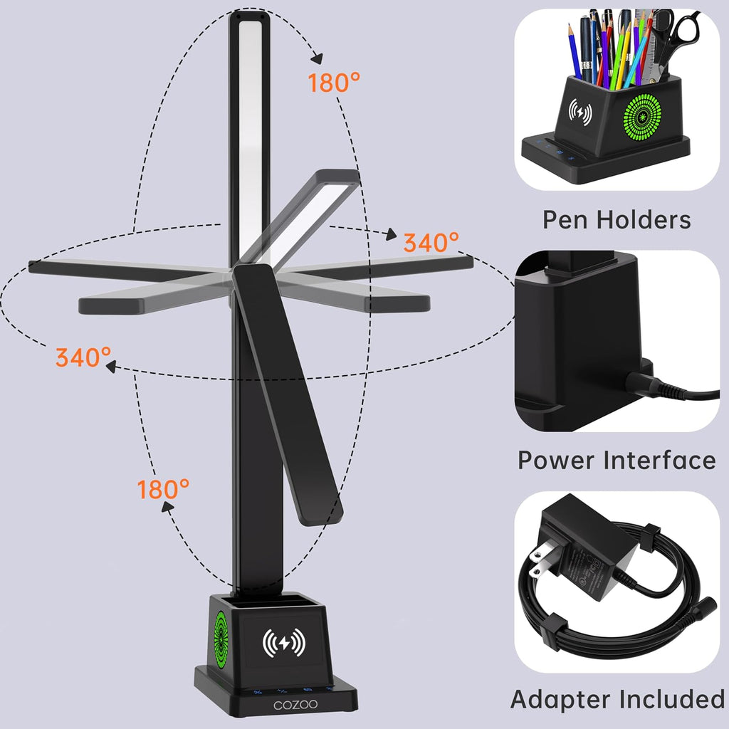 LED Desk Lamp for Home Office,15W Wireless Charger Pen Holder, Black | Desk Light for Bedroom Table, 3 Color Modes 4