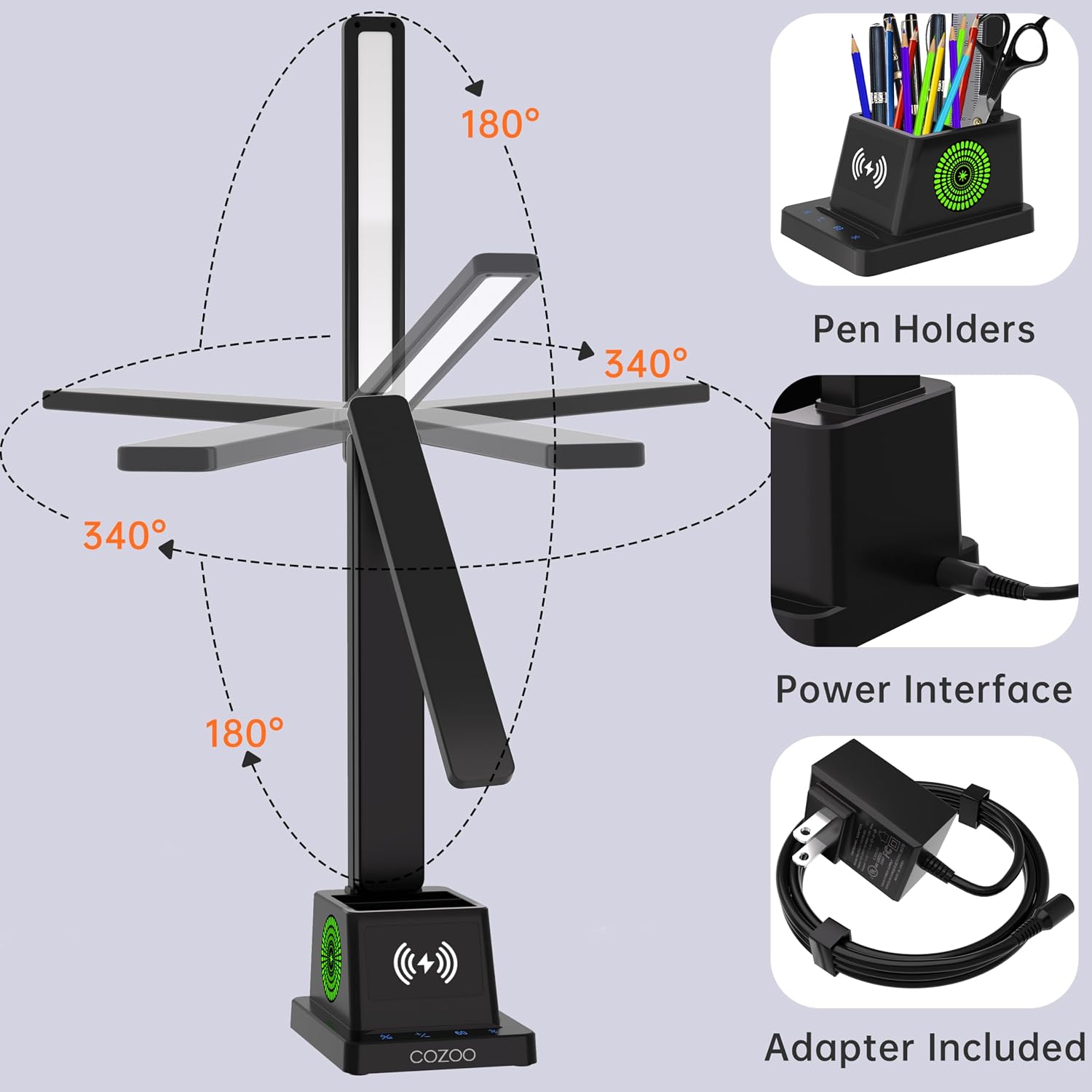 LED Desk Lamp for Home Office,15W Wireless Charger Pen Holder, Black | Desk Light for Bedroom Table, 3 Color Modes 4