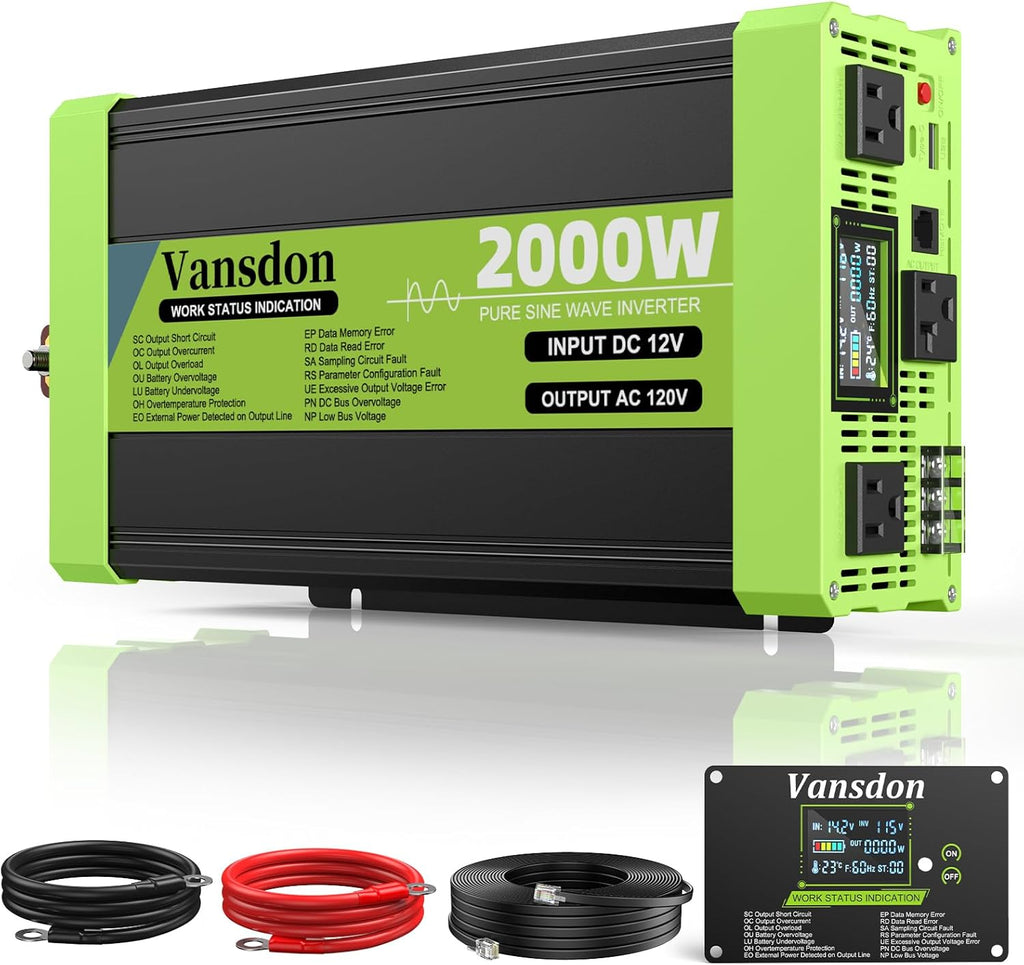 2000W Pure Sine Wave Inverter 12V DC to 120V AC Inverters for RV,Truck, Solar, Home, Off-Grid, Car Power Inverter