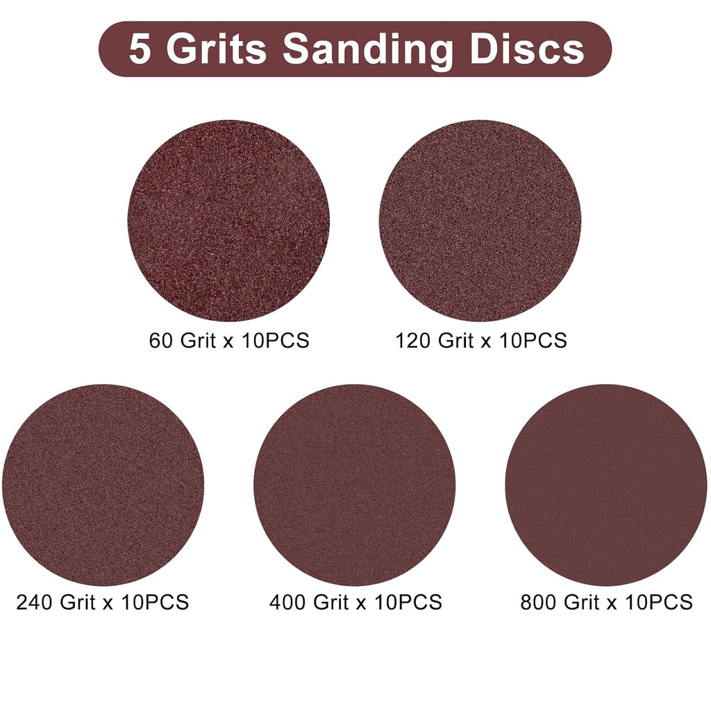 5 Inch 8 Hole Sanding Discs Hook and Loop, 50 PCS Orbital Sander Pads with Adhesive, Dustless Round Sand Paper Disc