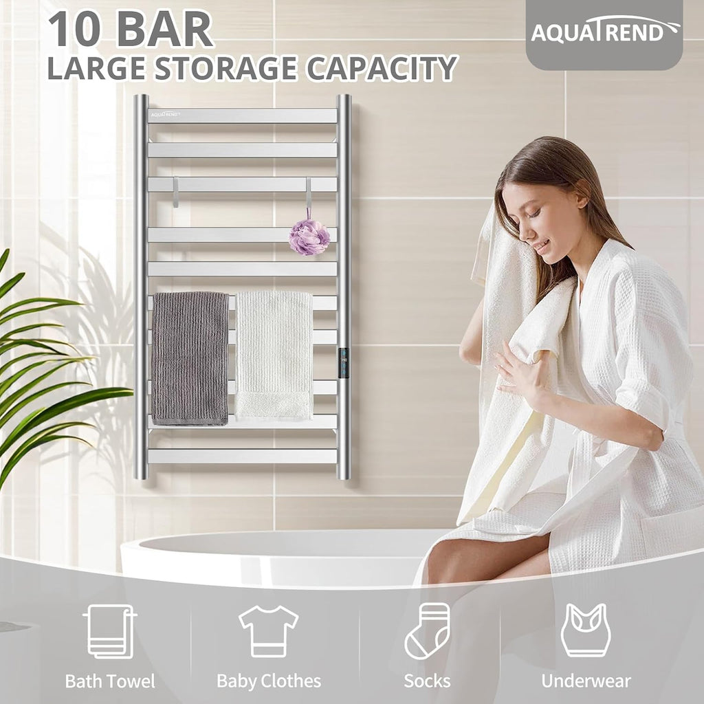 Heated Towel Rack, Towel Warmer with 10 Bar Flat Rack Large, Brushed Nickel | Wall Mounted, Smart LED Control Time &