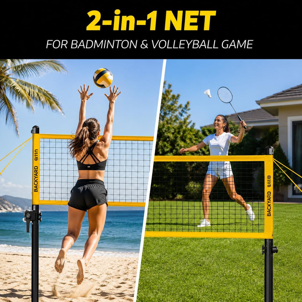 Outdoor Volleyball and Badminton Combo Set - Includes Adjustable Height Anti-Sag Net, Volleyball, Air Pump, 4