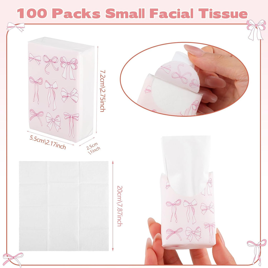 100 Pack Pocket Tissues, 3 Ply Pink Bow Travel Tissues