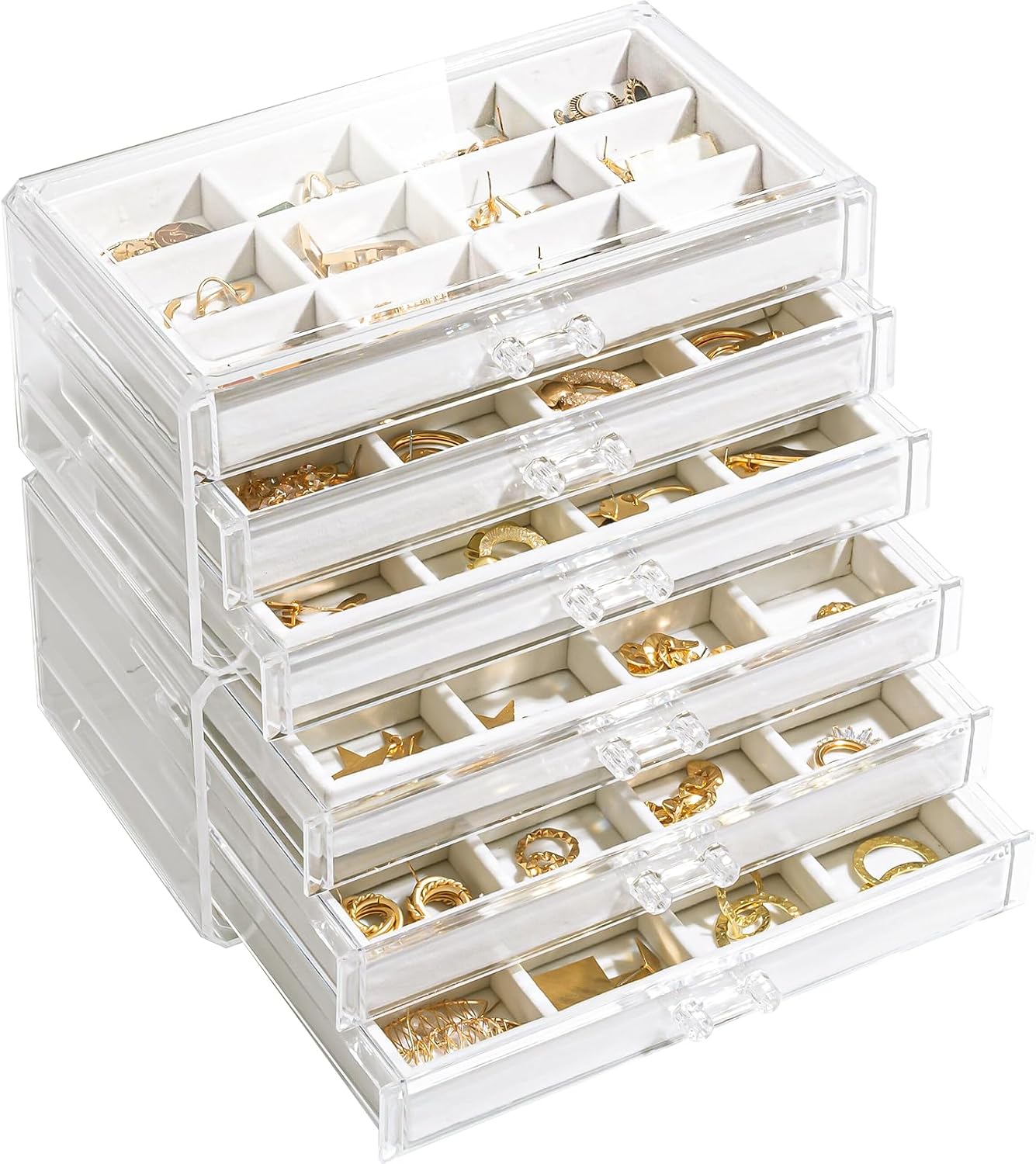 Earring Holder Organizer Box Jewelry Storage with 6 Drawers, Clear Acrylic Stackable Earring Case with Adjustable
