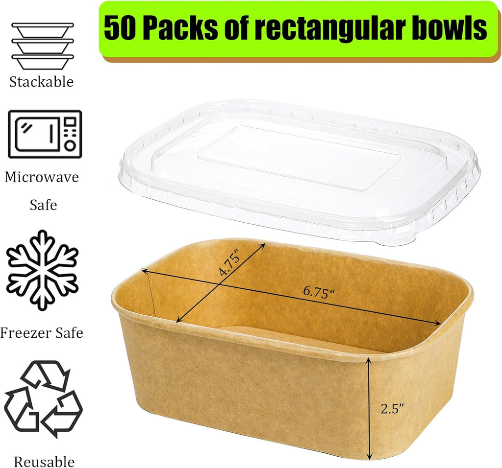 50 Pack Compostable Rectangular Kraft Paper Bowls, 25 Oz, Microwave & Freezer Safe, Reusable, Perfect for Take-Out