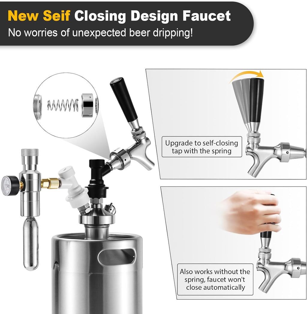 Ball Lock Keg Tap Faucet & Dual Hold Stable 0-60PSI CO2 Regulator | Stainless Steel Core Self-Closing Beer Faucet