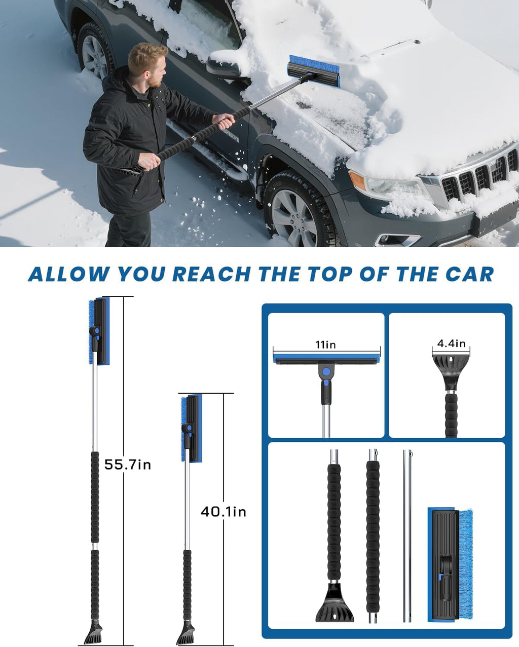 55.7" Snow Brush and Ice Scrapers for Car Windshield, Blue | Extra Long, Multi-Functional Detachable, Foam Grip, 270°
