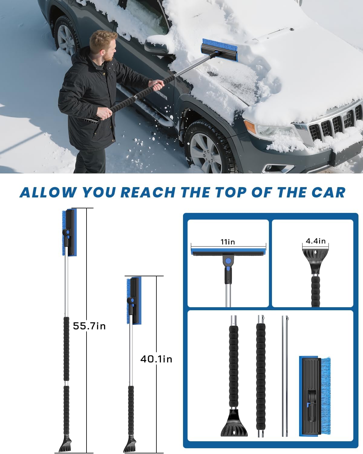 55.7" Snow Brush and Ice Scrapers for Car Windshield, Blue | Extra Long, Multi-Functional Detachable, Foam Grip, 270°